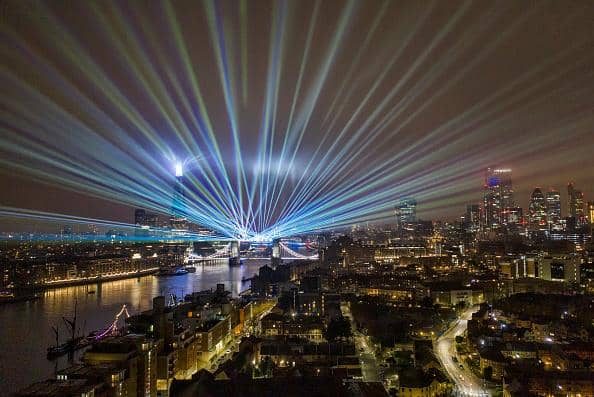 A laser show replaced the usual New Years Eve firework display by Tower Bridge due to the coronavirus restrictions on January 1, 2021 in London