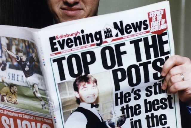 World champion snooker player, Stephen Hendry, hodling a copy of the Evening News. The young Hendry dominated the decade, lifting 7 world titles, and was the world number one player in the rankings from 1990 to 1998.