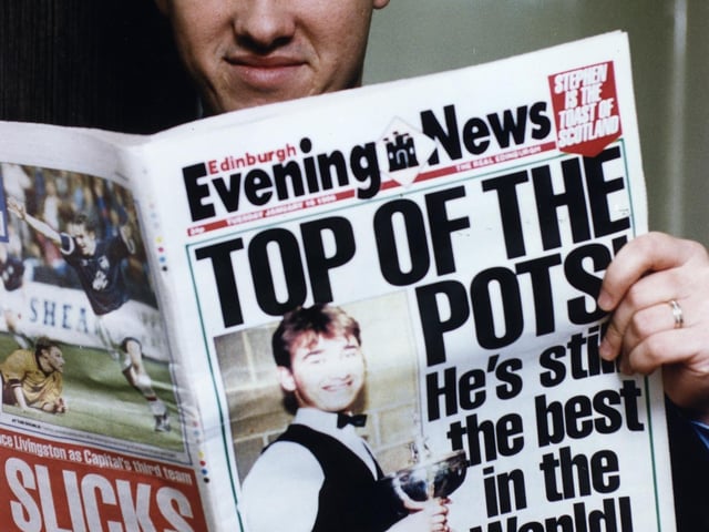 World champion snooker player, Stephen Hendry, hodling a copy of the Evening News. The young Hendry dominated the decade, lifting 7 world titles, and was the world number one player in the rankings from 1990 to 1998.