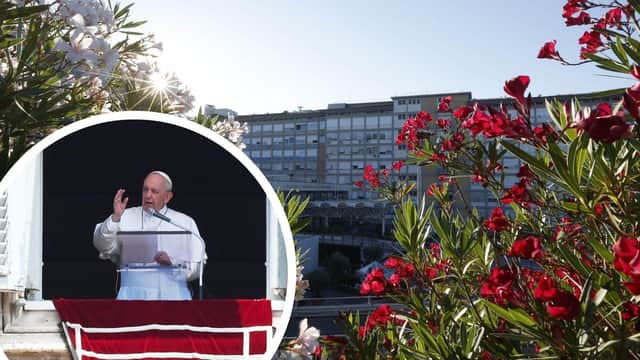 A view of the Gemelli Polyclinic, where Pope Francis has been hospitalized, in Rome, early Monday, July 5, 2021 (AP Photo/Riccardo De Luca).