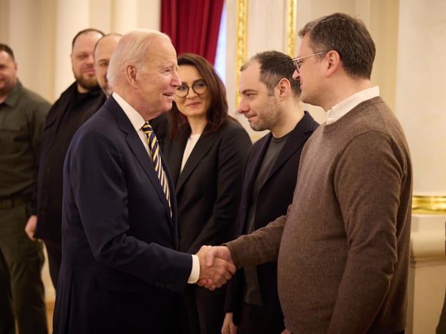 The US President delivered remarks and met Mr Zelensky at Mariinsky Palace on Monday to announce an additional £500 million dollars (£416 million) in US assistance and to reassure Ukraine of American and allied support as the conflict continues.