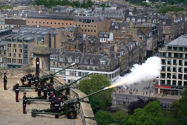 The 105th Regiment Royal Artillery, The Scottish and Ulster Gunners during the Royal Gun Salute at Edinburgh Castle. Picture: PA