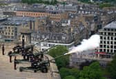 The 105th Regiment Royal Artillery, The Scottish and Ulster Gunners during the Royal Gun Salute at Edinburgh Castle. Picture: PA