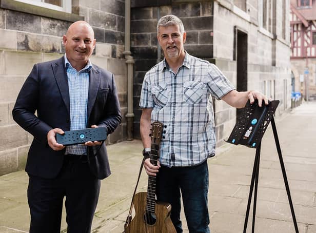 From left: Brian Machray, business development director at Reward Finance Group, with Noisy Clan founder David Law and his Wee Stand product. Picture: Daniel Rannoch/Fern Photography.