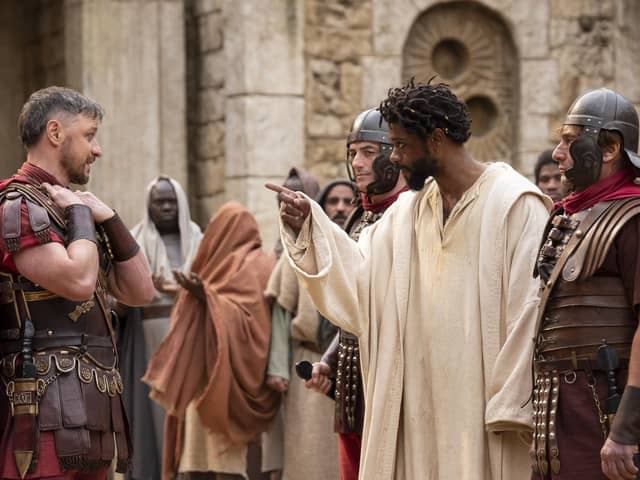 James McAvoy as Pontius Pilate and LaKeith Stanfield as Clarence in The Book of Clarence PIC: Moris Puccio