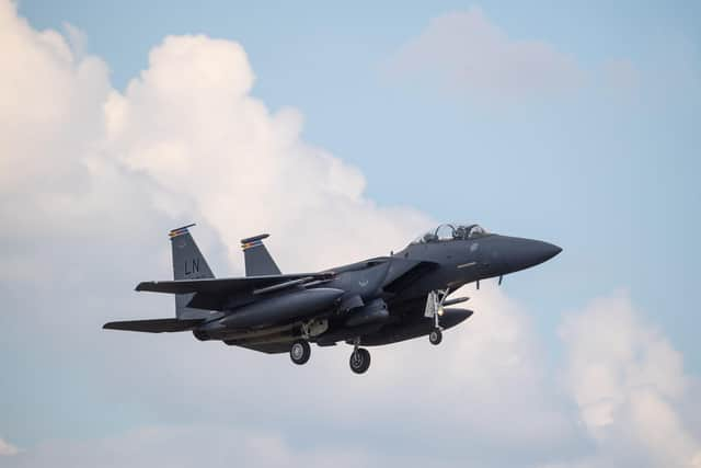 An F15 fighter jet landing at RAF Lakenheath, Suffolk after an American fighter jet crashed into the North Sea while on a training exercise.