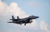 An F15 fighter jet landing at RAF Lakenheath, Suffolk after an American fighter jet crashed into the North Sea while on a training exercise.