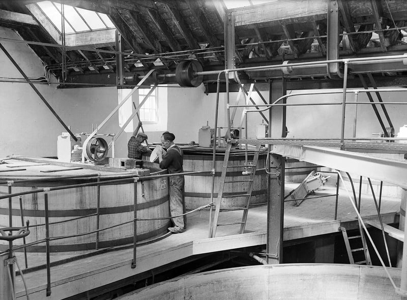 Workers at the Highland Park Distillery, in Orkney's Kirkwall, in August 1959.