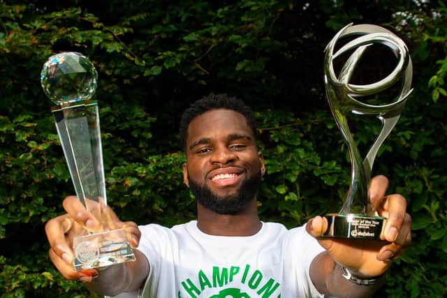 Odsonne Edouard shows off his awards as he is named Celtic's Player of the Year for 2019/20, sponsored by Dafabet.