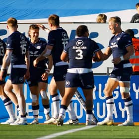 MONTEVIDEO, URUGUAY - JULY 27: Duhan Van Der Merwe of Scotland celebrates after scoring a try during a test match between Uruguay and Scotland at Estadio Charrua on July 27, 2024 in Montevideo, Uruguay. (Photo by Ernesto Ryan/Getty Images)