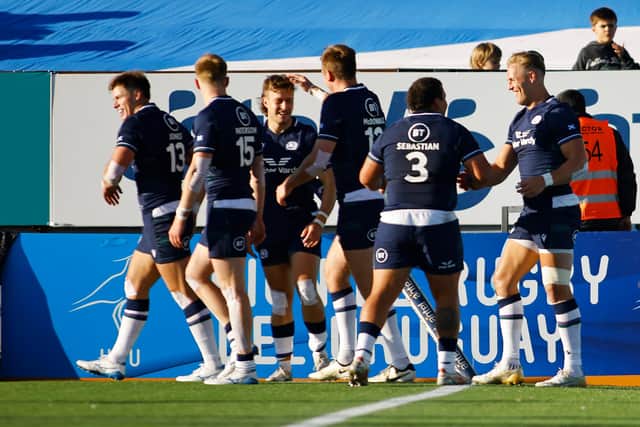 MONTEVIDEO, URUGUAY - JULY 27: Duhan Van Der Merwe of Scotland celebrates after scoring a try during a test match between Uruguay and Scotland at Estadio Charrua on July 27, 2024 in Montevideo, Uruguay. (Photo by Ernesto Ryan/Getty Images)