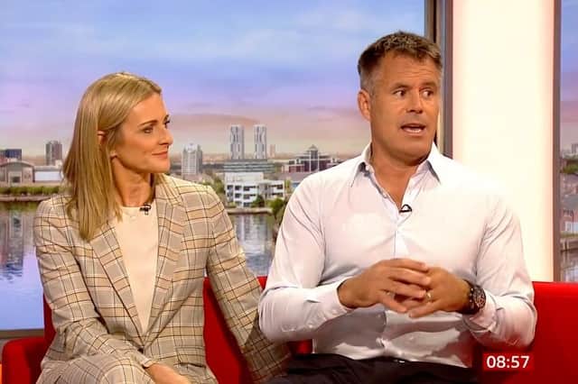 Former rugby player Kenny Logan reveals his prostate cancer diagnosis in a BBC Breakfast interview with his wife Gabby Logan. Picture: BBC