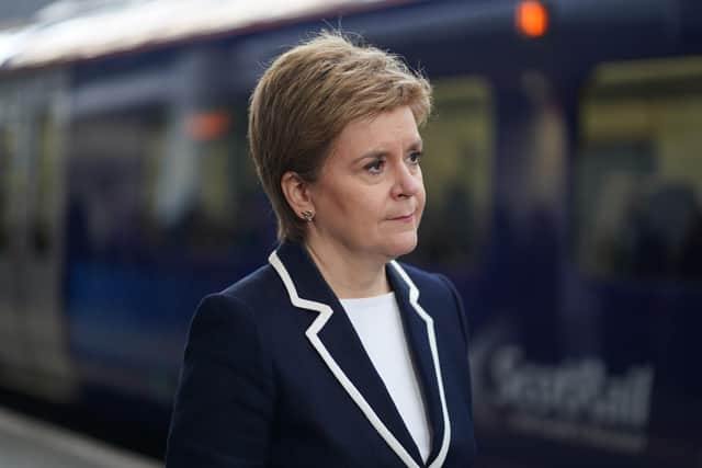 First Minister Nicola Sturgeon speaks to media as Scotland's national train operating company ScotRail will no longer be privately owned by Dutch company Abellio and will enter public ownership. The Scottish Government announced its intention to nationalise the rail service in 2019 after four years of poor performance. (Photo by Peter Summers/Getty Images)