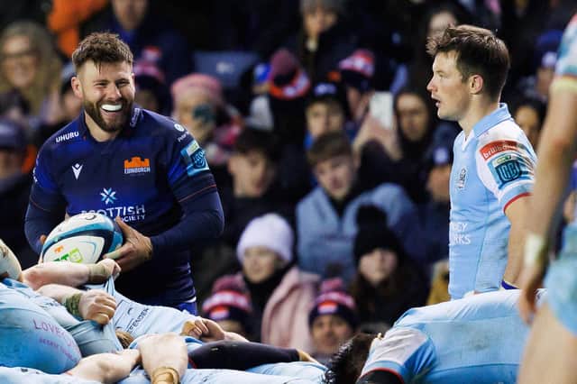 Edinburgh's Ali Price (left) and Glasgow Warriors' George Horne in action during the BKT United Rugby Championship match at Scottish Gas Murrayfield Stadium. (Photo by Ross Parker / SNS Group)