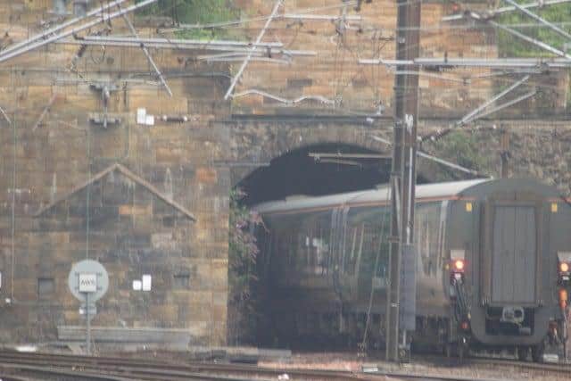 The train disappearing into a tunnel after overshooting the station. Picture: Tremayne Elson.
