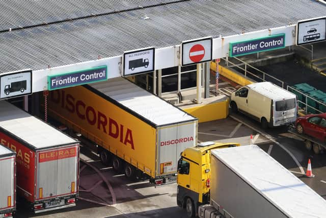 Lorries queue for the frontier control area at the Port of Dover in Kent. The Government has no clear timetable to fully implement its post-Brexit border controls with the EU, the National Audit Office (NAO) said on Monday. Photo: Gareth Fuller/PA Wire