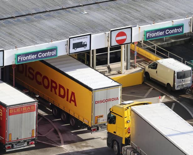 Lorries queue for the frontier control area at the Port of Dover in Kent. The Government has no clear timetable to fully implement its post-Brexit border controls with the EU, the National Audit Office (NAO) said on Monday. Photo: Gareth Fuller/PA Wire