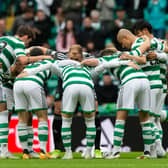 Celtic's pre-match huddle before the 2-0 friendly win over Norwich City at Celtic Park on Saturday. (Photo by Ewan Bootman / SNS Group)