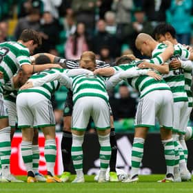 Celtic's pre-match huddle before the 2-0 friendly win over Norwich City at Celtic Park on Saturday. (Photo by Ewan Bootman / SNS Group)