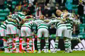Celtic's pre-match huddle before the 2-0 friendly win over Norwich City at Celtic Park on Saturday. (Photo by Ewan Bootman / SNS Group)