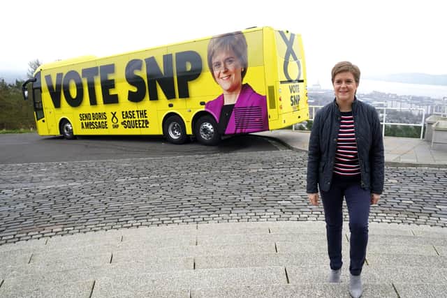 First Minister Nicola Sturgeon at Dundee Law in Dundee at the launch for the SNP's campaign bus, which will tour Scotland in the 21 days before the local elections. Picture date: Friday April 15, 2022.