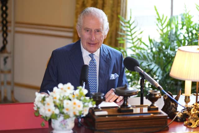 King Charles III during the recording of the audio message. Photo: BBC/Sky/ITV News/PA Wire
