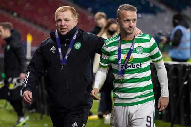 Celtic's Leigh Griffiths with manager Neil Lennon (right) after the William Hill Scottish Cup Final won over Hearts at Hampden Park (Photo by Craig Williamson / SNS Group)