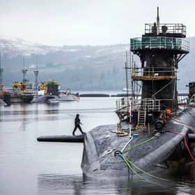 Vanguard-class submarine HMS Vigilant, one of the UK's four nuclear warhead-carrying submarines, at HM Naval Base Clyde