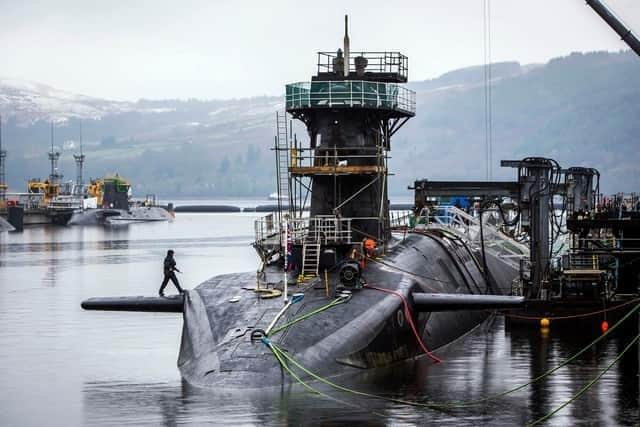 Vanguard-class submarine HMS Vigilant, one of the UK's four nuclear warhead-carrying submarines, at HM Naval Base Clyde