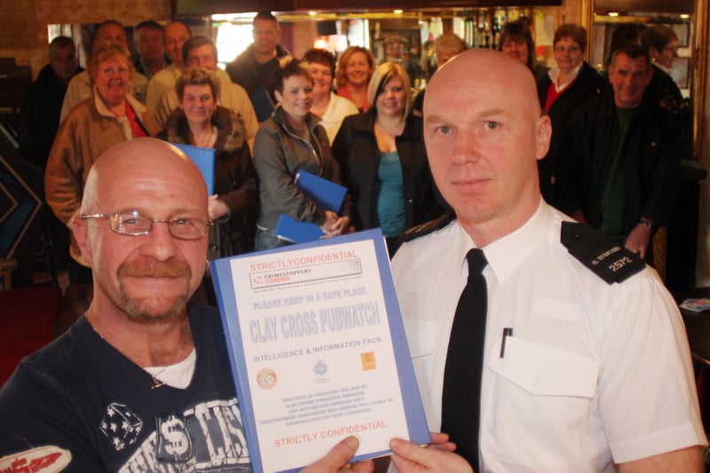 Clay Cross pubwatch scheme launch in 2007 with chairman Martyn Thackray and Pc Chris Stanyard in the foreground.