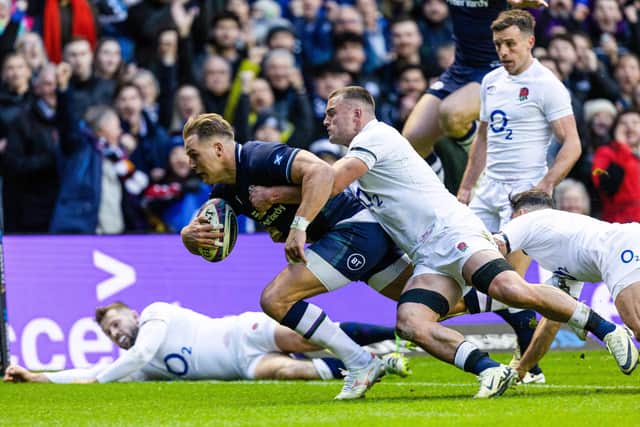 Duhan van der Merwe scores the first of his three tries for Scotland against England.