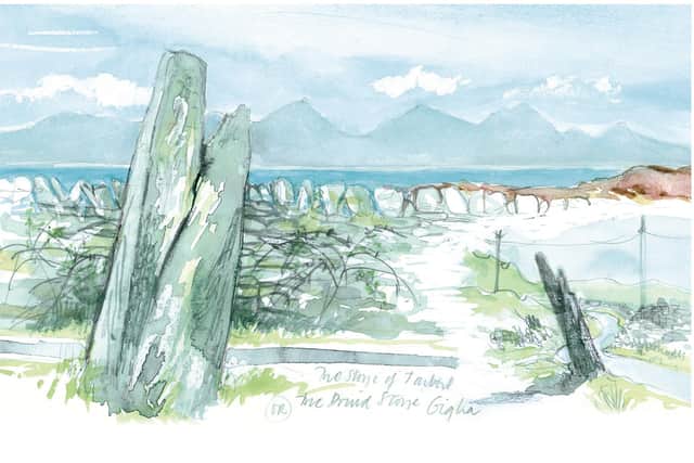 The standing stone with Jura in the background. Picture: Mairi Hedderwick