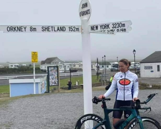 Christina Mackenzie after cycling from Lands End to John O'Groats and breaking the women's world record.