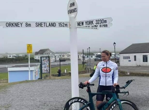 Christina Mackenzie after cycling from Lands End to John O'Groats and breaking the women's world record.