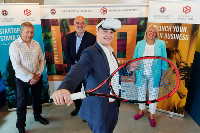 From left: Professor Peter Mathieson; Edinburgh Innovations CEO George Baxter; Collin Powers of tennis tech firm EllyraCEO; and Edinburgh Innovations student enterprise manager Lorna Baird. Picture: Maverick Photo Agency.