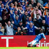 GLASGOW, SCOTLAND - MAY 13: Fashion Sakala celebrates making it 3-0 for Rangers over Celtic with his 70th minute strike proving the key for sections of the support to give full vent to anti-Catholic expression. (Photo by Craig Foy / SNS Group)