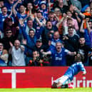 GLASGOW, SCOTLAND - MAY 13: Fashion Sakala celebrates making it 3-0 for Rangers over Celtic with his 70th minute strike proving the key for sections of the support to give full vent to anti-Catholic expression. (Photo by Craig Foy / SNS Group)