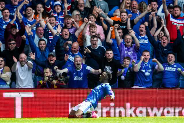 GLASGOW, SCOTLAND - MAY 13: Fashion Sakala celebrates making it 3-0 for Rangers over Celtic with his 70th minute strike proving the key for sections of the support to give full vent to anti-Catholic expression. (Photo by Craig Foy / SNS Group)