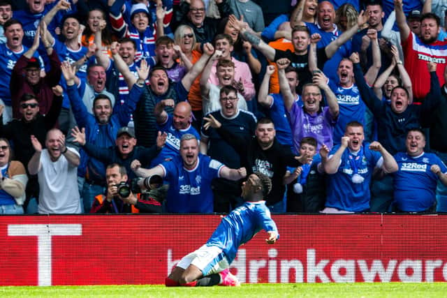 GLASGOW, SCOTLAND - MAY 13: Fashion Sakala celebrates making it 3-0 for Rangers over Celtic with his 70th minute strike proving the key for sections of the support to give full vent to anti-Catholic expression. (Photo by Craig Foy / SNS Group)