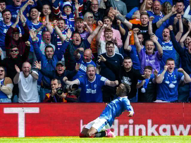 GLASGOW, SCOTLAND - MAY 13: Fashion Sakala celebrates making it 3-0 for Rangers over Celtic with his 70th minute strike proving the key for sections of the support to give full vent to anti-Catholic expression. (Photo by Craig Foy / SNS Group)