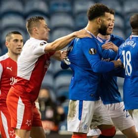 Ondrej Kudela (right) is confronted by Glen Kamara and Connor Goldson at Ibrox on March 18. The Slavia Prague defender has now been banned for 10 games by UEFA for racist abuse of Rangers midfielder Kamara. (Photo by Alan Harvey / SNS Group)