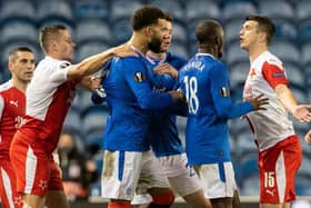 Ondrej Kudela (right) is confronted by Glen Kamara and Connor Goldson at Ibrox on March 18. The Slavia Prague defender has now been banned for 10 games by UEFA for racist abuse of Rangers midfielder Kamara. (Photo by Alan Harvey / SNS Group)