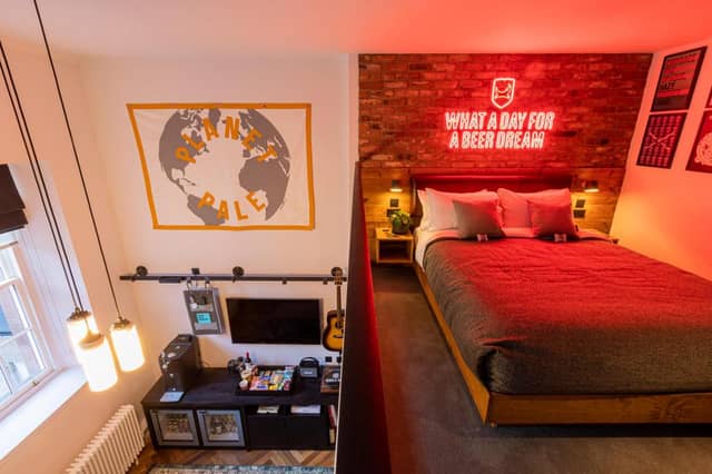Interior bedroom view of multi-level apartment style hotel rooms featuring everything a beer lover could want (Photo: BrewDog).