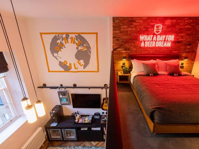 Interior bedroom view of multi-level apartment style hotel rooms featuring everything a beer lover could want (Photo: BrewDog).