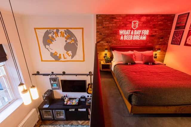 Interior bedroom view of multi-level apartment style hotel rooms featuring everything a beer lover could want (Photo: BrewDog).