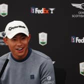 Collin Morikawa speaks in a press conference ahead of the Genesis Scottish Open at The Renaissance Club. Picture: Andrew Redington/Getty Images.