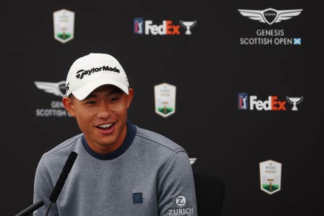 Collin Morikawa speaks in a press conference ahead of the Genesis Scottish Open at The Renaissance Club. Picture: Andrew Redington/Getty Images.