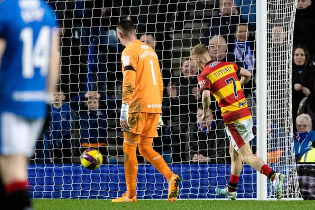 Partick Thistle's Scott Tiffoney was allowed to walk the ball into the net to make it 2-2 against Rangers. (Photo by Craig Williamson / SNS Group)