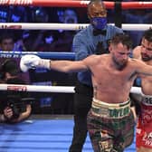 Josh Taylor and Jose Ramirez exchange words during their world unification title fight in Las Vegas. Taylor won by unanimous decision. (Photo by David Becker/Getty Images)