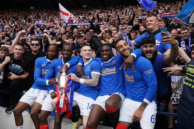 Rangers players celebrate winning the Scottish Cup during the Scottish Cup final at Hampden Park, Glasgow.